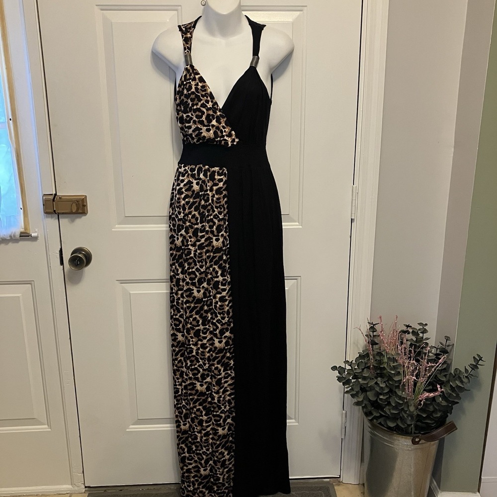 NWT LASCANA Size 6/8 Black & Leopard Animal Print Sexy Maxi Dress Women's